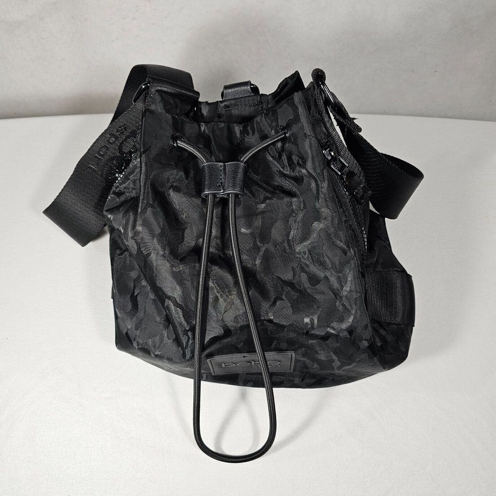 Bebe Sport Convertible Bucket Shoulder Bag Drawstring Zippered Camo Black Womens - Picture 16 of 16